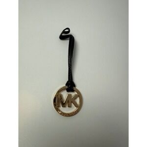 Michael Kors Gold Tone MK Logo Bag Charm Black Leather Strap Handbag Accessory